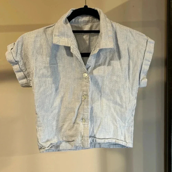 handmade collared shirt White/blue vertical stripes 4 buttons on the front - Picture 1 of 5
